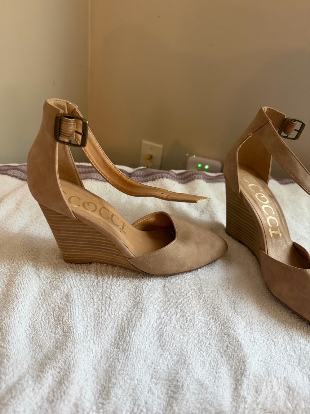 CCOCCI Taupe Ankle-Strap Wedge Pumps- some tiny little damage look closely.
